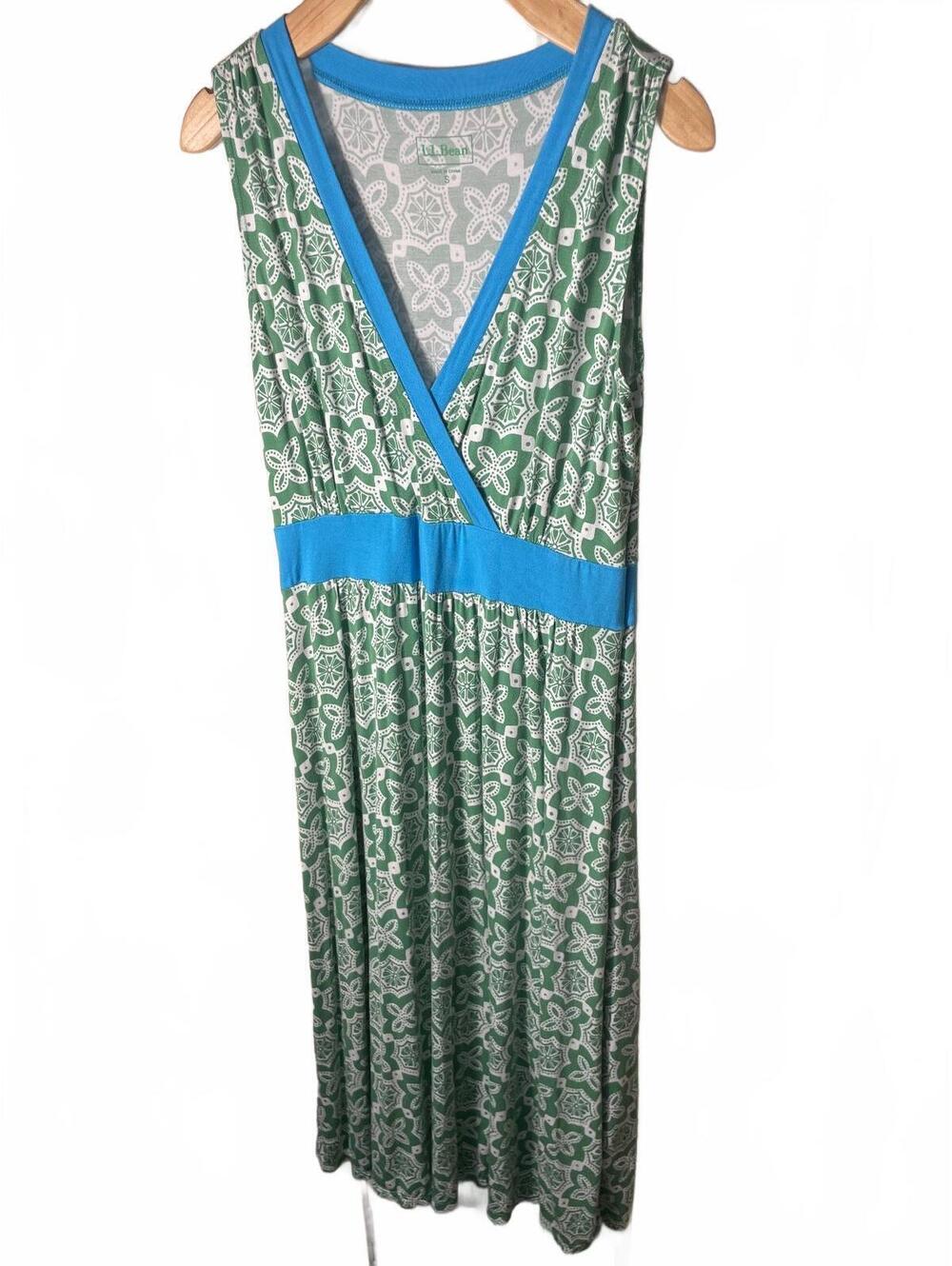 LL Bean Dress Womens Size Small Green Blue Floral Summer Knit Stretch Casual - Picture 7 of 7